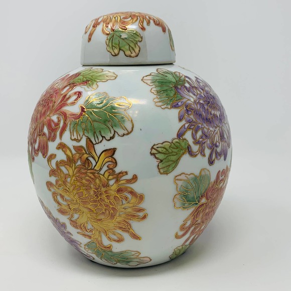 Vintage Hand Painted Lidded Chinese Ginger Jar Urn Floral Design 9" - Picture 2 of 9